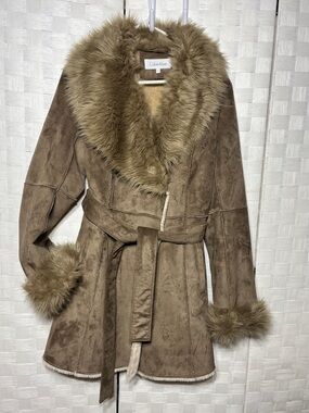 Calvin Klein Brown Faux Suede Trench Coat with Faux Fur Trim Size S
